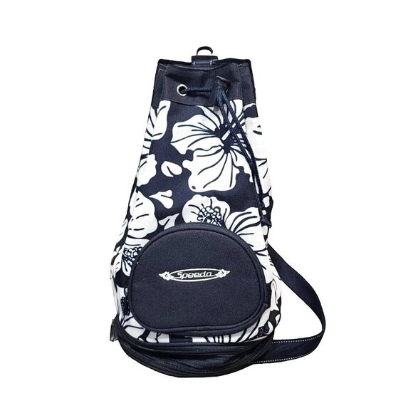 Speedo Drawstring Bucket Barrel Tote Bag Blue And White Floral Canvas  - Picture 1 of 7